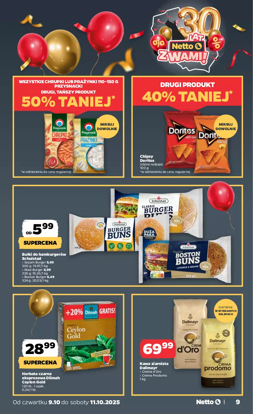 Gazetka promocyjna Netto - Od Czwartku - ważna 09.10 do 11.10.2025 - strona 9 - produkty: Burger, Chipsy, Chrupki, Dallmayr, Dilmah, Hamburger, Herbata, Herbata czarna, Kawa, Kawa ziarnista, Przysnacki, Sezam