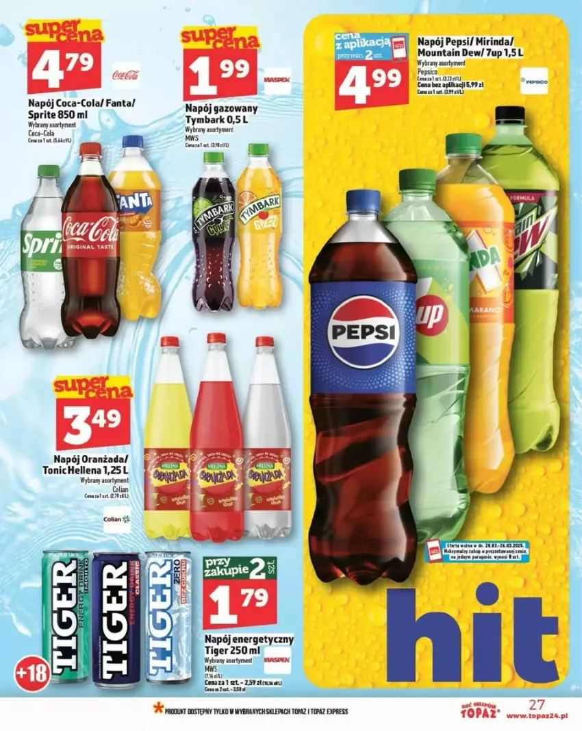 Gazetka promocyjna Topaz - ważna 20.03 do 26.03.2025 - strona 20 - produkty: 7up, Coca-Cola, Fa, Fanta, Hellena, Mirinda, Napój, Napój gazowany, Oranżada, Pepsi, Sprite, Tiger, Tymbark