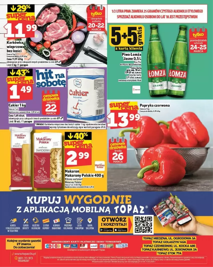 Gazetka promocyjna Topaz - ważna 20.03 do 26.03.2025 - strona 26 - produkty: Cukier, Karkówka wieprzowa, Koc, LG, Makaron, Mobil, Olej, Papryka, Papryka czerwona, Top, Waga