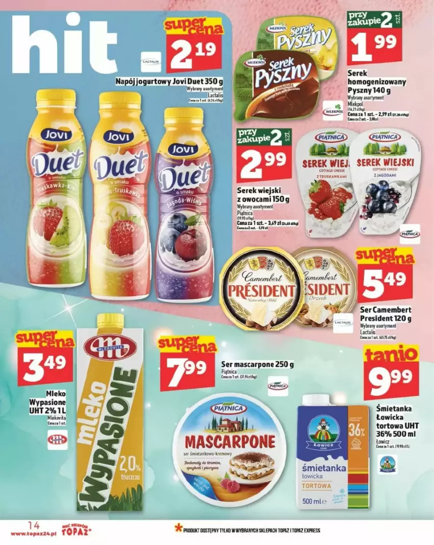 Gazetka promocyjna Topaz - ważna 20.03 do 26.03.2025 - strona 6 - produkty: Camembert, Jogurt, Koc, LANA, Mascarpone, Mleko, Napój, Napój jogurtowy, Piątnica, Ser, Serek, Serek wiejski, Top