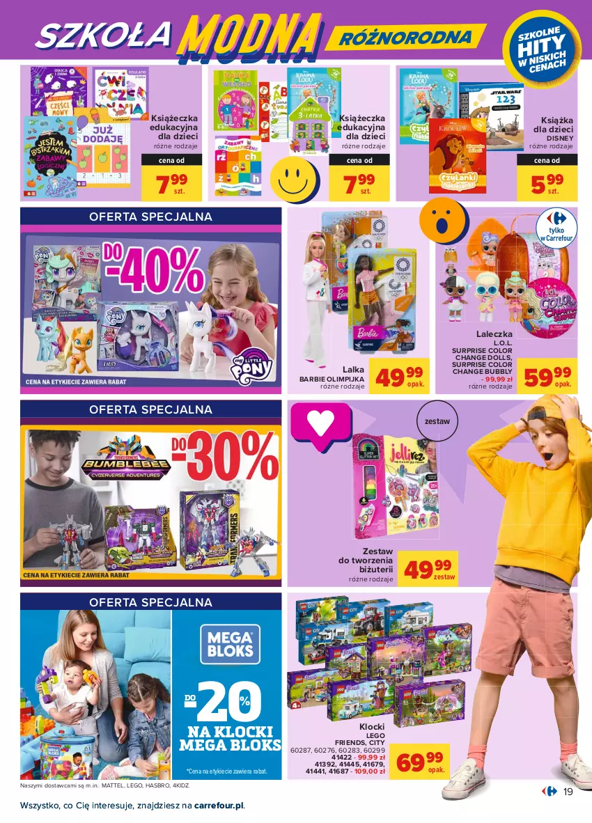 Gazetka promocyjna Carrefour - Gazetka Carrefour - ważna 28.07 do 07.08.2021 - strona 25 - produkty: Barbie, Disney, Dzieci, Hasbro, Klocki, Książka, L.O.L., Lalka, LEGO, LEGO Friends, Mattel, Mega Bloks