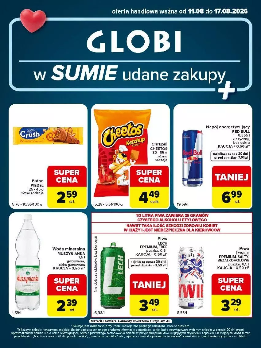Gazetka promocyjna Carrefour - Gazetka Globi w SUMIE udane zakupy - ważna 11.08 do 17.08.2026 - strona 1 - produkty: Baton, Cheetos, Chrupki, Gra, Mus, Muszynianka, Piec, Piwa, Piwo, Red Bull, Szal, Woda, Woda mineralna