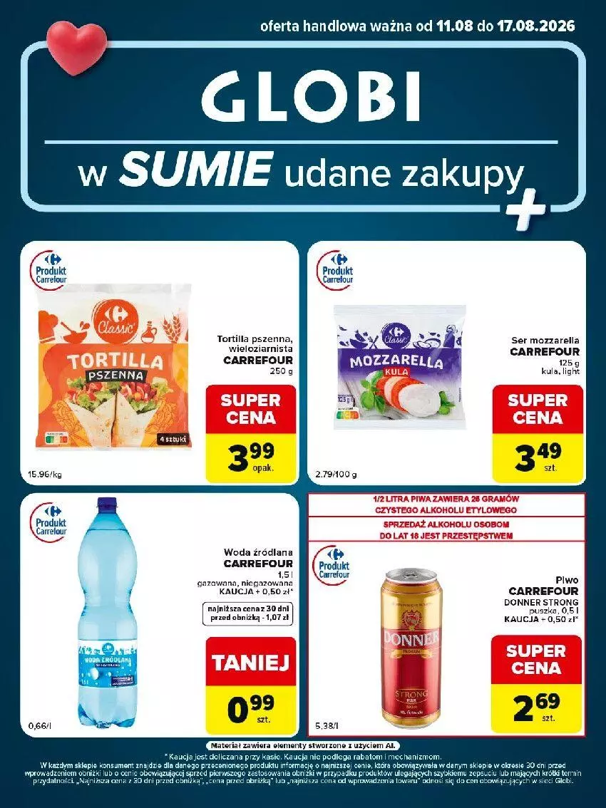 Gazetka promocyjna Carrefour - Gazetka Globi w SUMIE udane zakupy - ważna 11.08 do 17.08.2026 - strona 2 - produkty: LANA, Mozzarella, Piwo, Ser, Tortilla, Woda