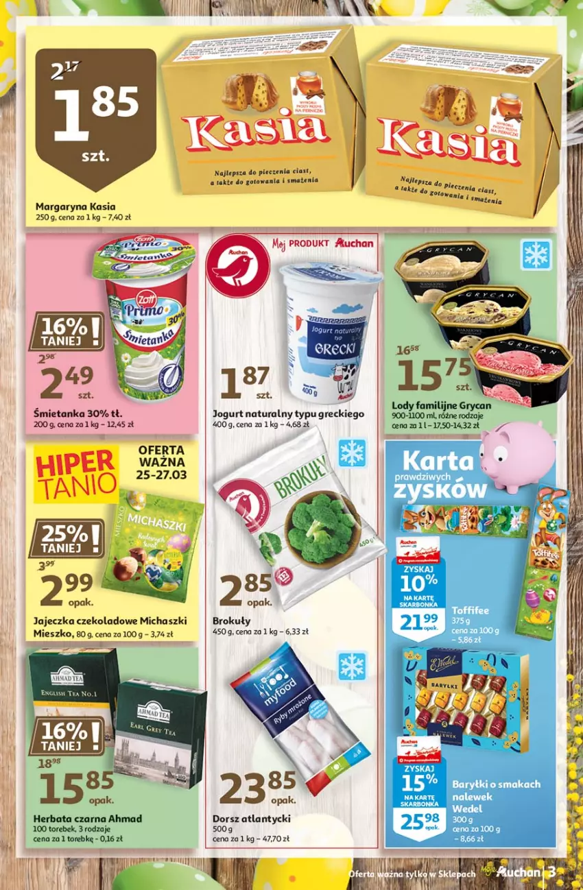 Gazetka promocyjna Auchan - Święta tuż tuż Moje Auchan - ważna 25.03 do 03.04.2021 - strona 3 - produkty: Brokuły, Dorsz, Fa, Gry, Herbata, Herbata czarna, Jogurt, Jogurt naturalny, Kasia, Lody, Margaryna, Piec