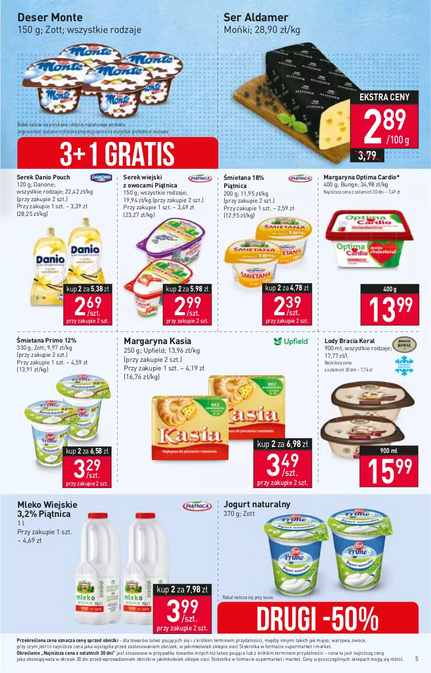 Gazetka promocyjna Stokrotka - Market - ważna 20.04 do 26.04.2023 - strona 5 - produkty: Danio, Danone, Deser, Gra, Jogurt, Jogurt naturalny, Kasia, Lody, Margaryna, Mięso, Mleko, Monte, Optima, Optima Cardio, Owoce, Piątnica, Por, Ser, Serek, Serek wiejski, Warzywa, Zott