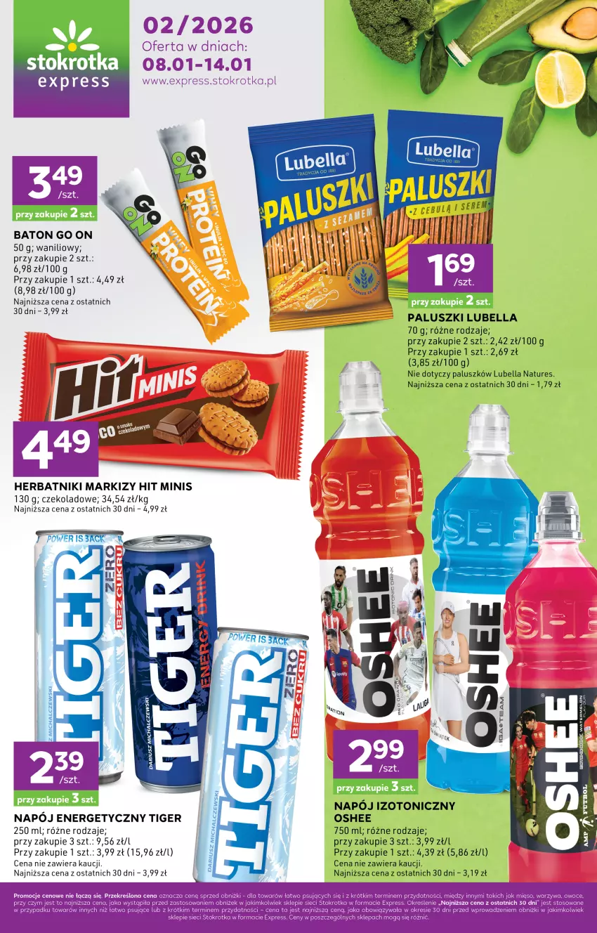 Gazetka promocyjna Stokrotka - Stokrotka Express - ważna 08.01 do 14.01.2026 - strona 1 - produkty: Baton, Bell, Bella, Herbatniki, Lubella, Mięso, Napój, Napój izotoniczny, Oshee, Owoce, Tiger, Warzywa