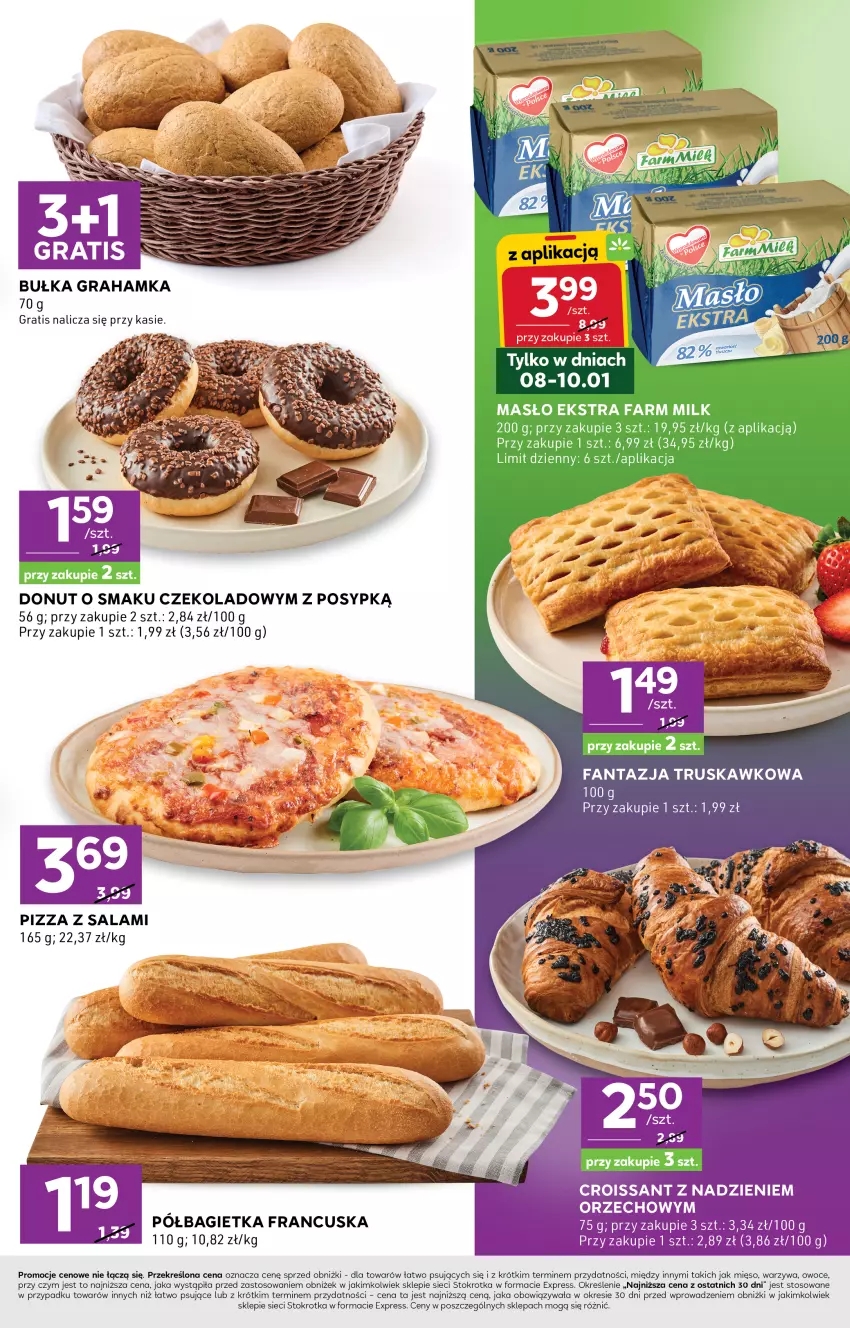 Gazetka promocyjna Stokrotka - Stokrotka Express - ważna 08.01 do 14.01.2026 - strona 3 - produkty: Bagietka, Bułka, Bułka grahamka, Croissant, Donut, Fa, Farm Milk, Gra, Masło, Mięso, Owoce, Pizza, Salami, Warzywa