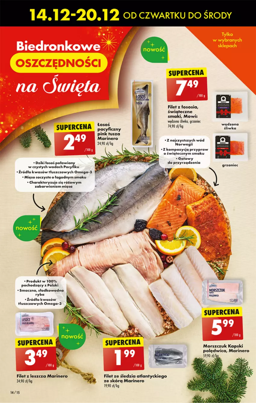 Gazetka promocyjna Biedronka - Od czwartku - ważna 14.12 do 20.12.2023 - strona 14 - produkty: Mięso, Omega-3, Polędwica, Ryba, Sos, Tago, Tusz, Woda