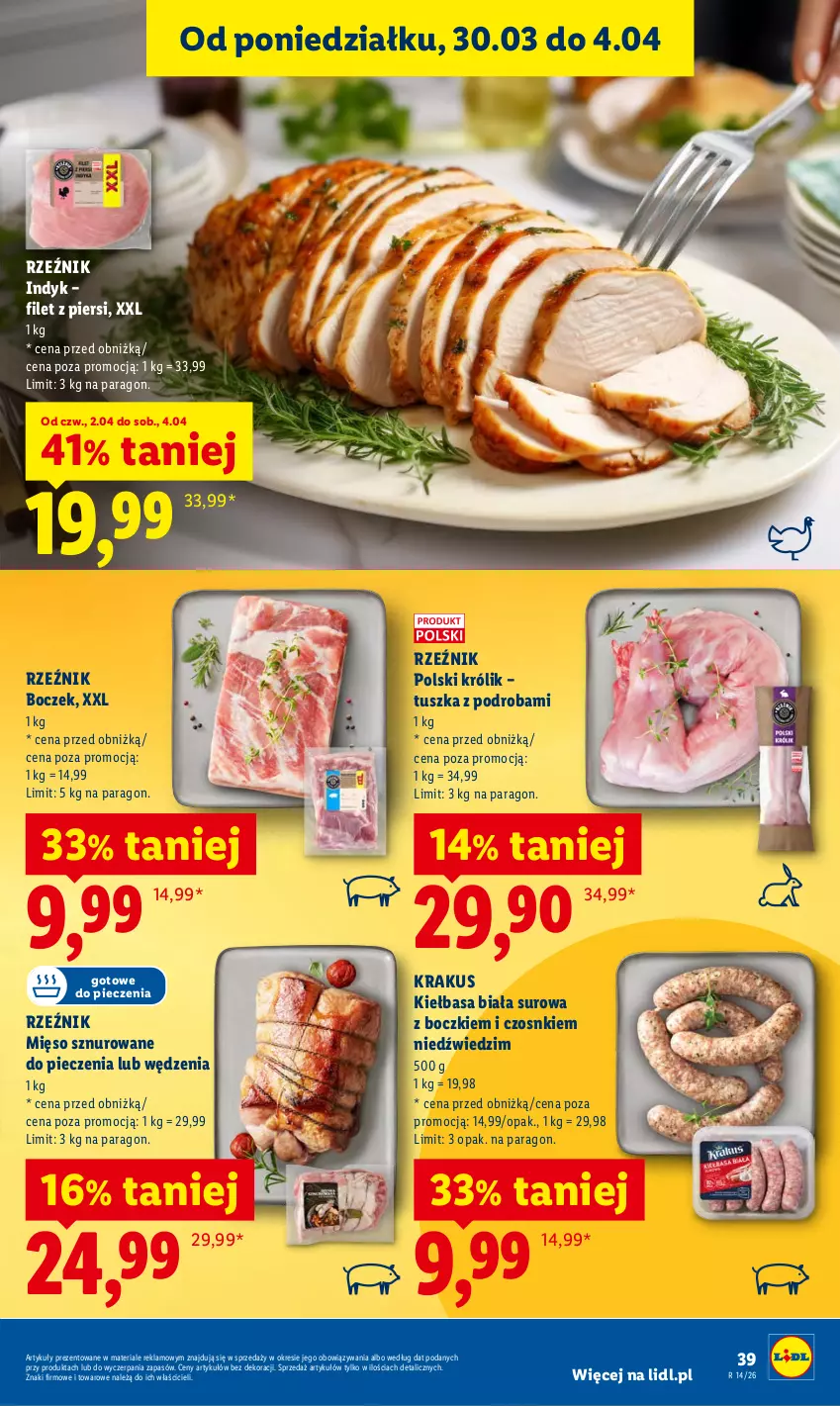 Gazetka promocyjna Lidl - Gazetka ważna od 2.04 do 4.04 - ważna 02.04 do 04.04.2026 - strona 39 - produkty: Boczek, Kiełbasa, Kiełbasa biała, Krakus, Królik, Mięso, Piec, Tusz