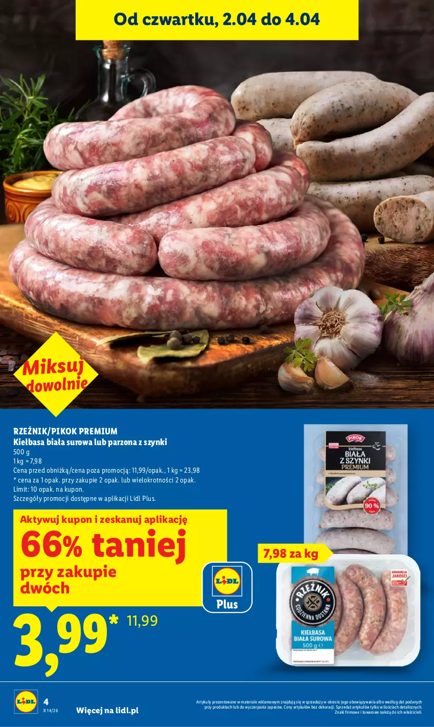 Gazetka promocyjna Lidl - Gazetka ważna od 2.04 do 4.04 - ważna 02.04 do 04.04.2026 - strona 4 - produkty: Kiełbasa, Kiełbasa biała, PIKOK