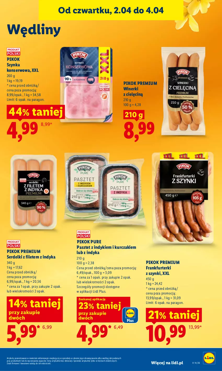 Gazetka promocyjna Lidl - Gazetka ważna od 2.04 do 4.04 - ważna 02.04 do 04.04.2026 - strona 43 - produkty: Frankfurterki, Kurczak, Pasztet, PIKOK, Pur, Ser, Serdelki, Szynka, Szynka konserwowa