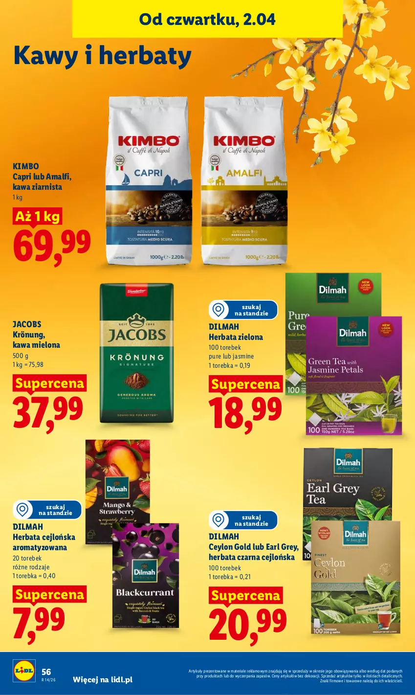 Gazetka promocyjna Lidl - Gazetka ważna od 2.04 do 4.04 - ważna 02.04 do 04.04.2026 - strona 58 - produkty: Dilmah, Earl Grey, Herbata, Herbata czarna, Jacobs, Jacobs Krönung, Kawa, Kawa mielona, Kawa ziarnista, Pur, Torebka