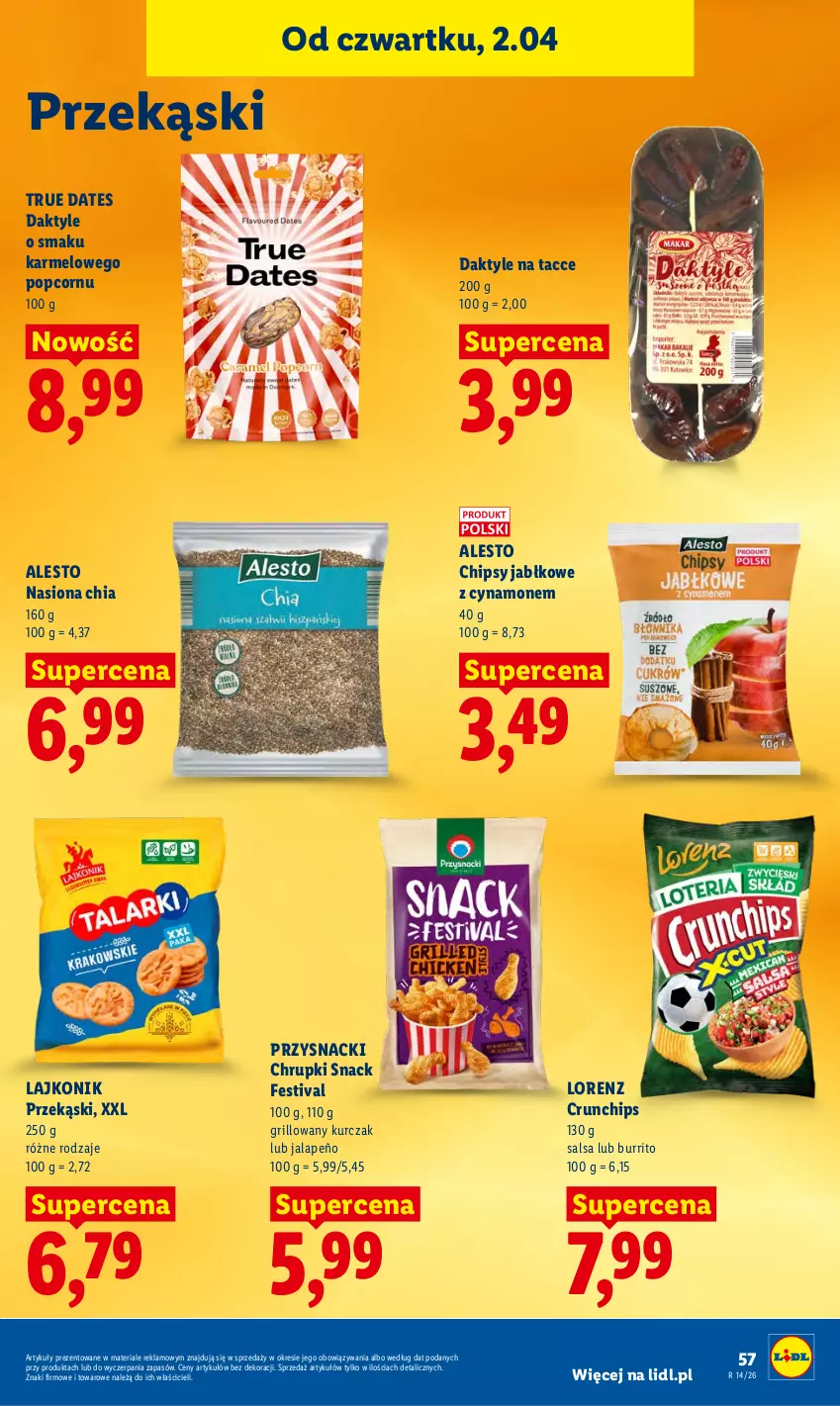 Gazetka promocyjna Lidl - Gazetka ważna od 2.04 do 4.04 - ważna 02.04 do 04.04.2026 - strona 59 - produkty: Chia, Chipsy, Chrupki, Crunchips, Daktyle, Grill, Kurczak, Lajkonik, Lorenz, O nas, Popcorn, Przysnacki, Salsa