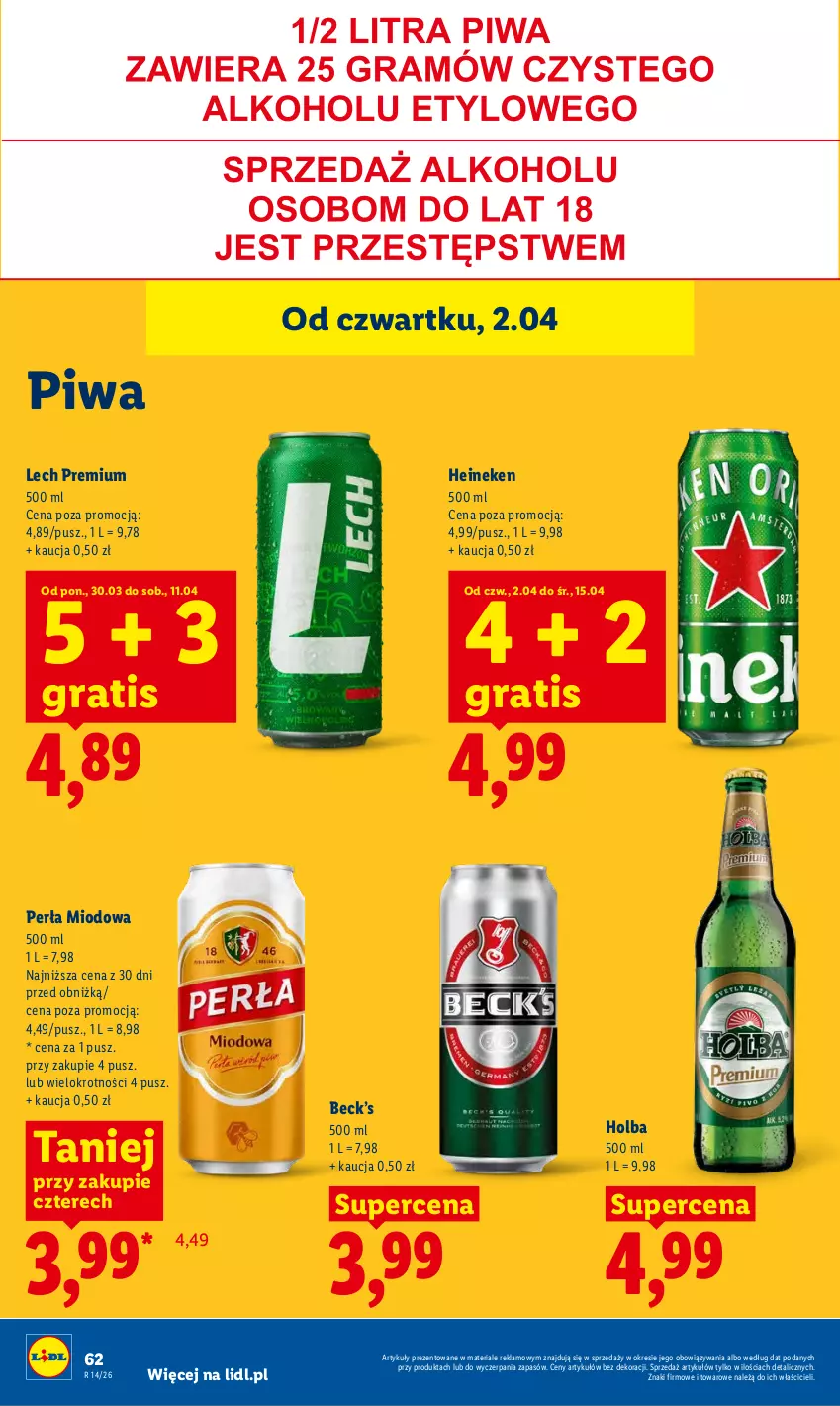 Gazetka promocyjna Lidl - Gazetka ważna od 2.04 do 4.04 - ważna 02.04 do 04.04.2026 - strona 64 - produkty: Gra, Heineken, Lech Premium, Perła, Piwa