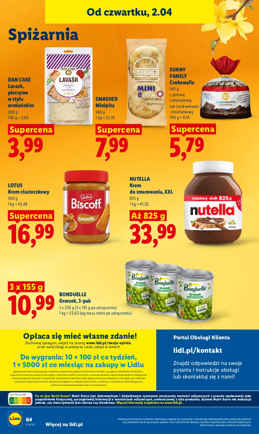 Gazetka promocyjna Lidl - Gazetka ważna od 2.04 do 4.04 - ważna 02.04 do 04.04.2026 - strona 66 - produkty: Bonduelle, Dan Cake, Fa, Gra, Groszek, Laur, Mola, Nutella, Piec, Pieczywo, Por, Portal, Wafle