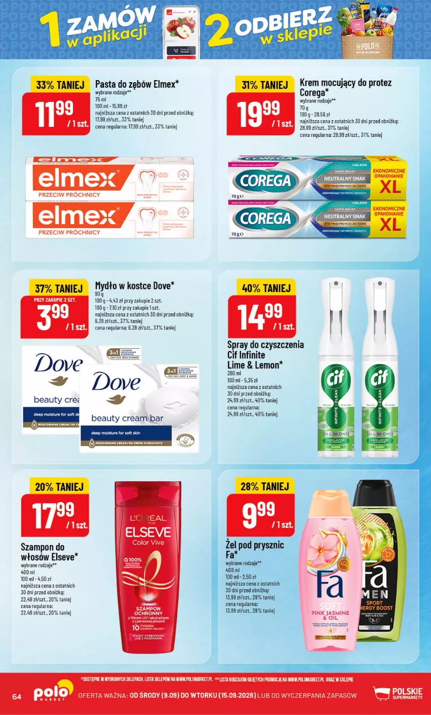 Gazetka promocyjna PoloMarket - Gazetka POLOmarket - ważna 09.09 do 15.09.2026 - strona 64 - produkty: Cif, Dove, Elmex, Elseve, Fa, Pasta do zębów, Spray do czyszczenia, Szampon
