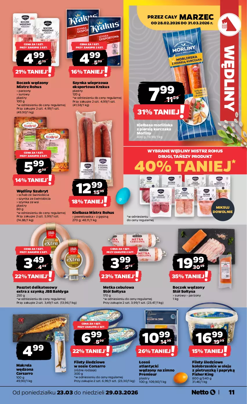 Gazetka promocyjna Netto - Od Poniedziałku - ważna 23.03 do 29.03.2026 - strona 11 - produkty: BIC, Boczek, Kiełbasa, Krakus, Kurczak, Morliny, Olej, Pasztet, Por, Sos, Sport, Stół, Szubryt, Szynka, Szynka wieprzowa