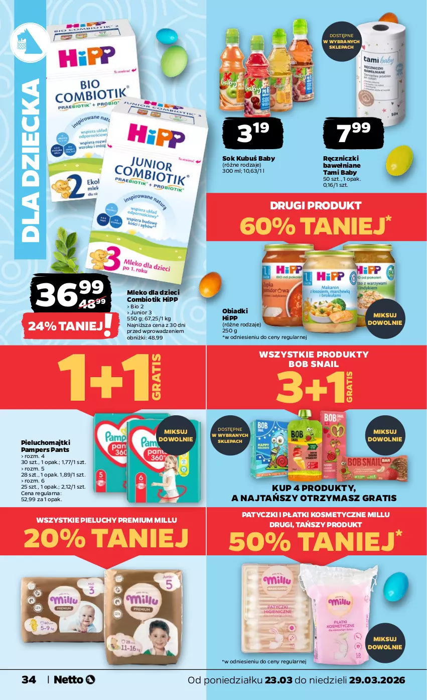 Gazetka promocyjna Netto - Od Poniedziałku - ważna 23.03 do 29.03.2026 - strona 34 - produkty: Dzieci, Gra, HiPP, Kubuś, Majtki, Mleko, Mleko dla dzieci, Pampers, Pieluchomajtki, Pieluchy, Płatki kosmetyczne, Sok, Znicz
