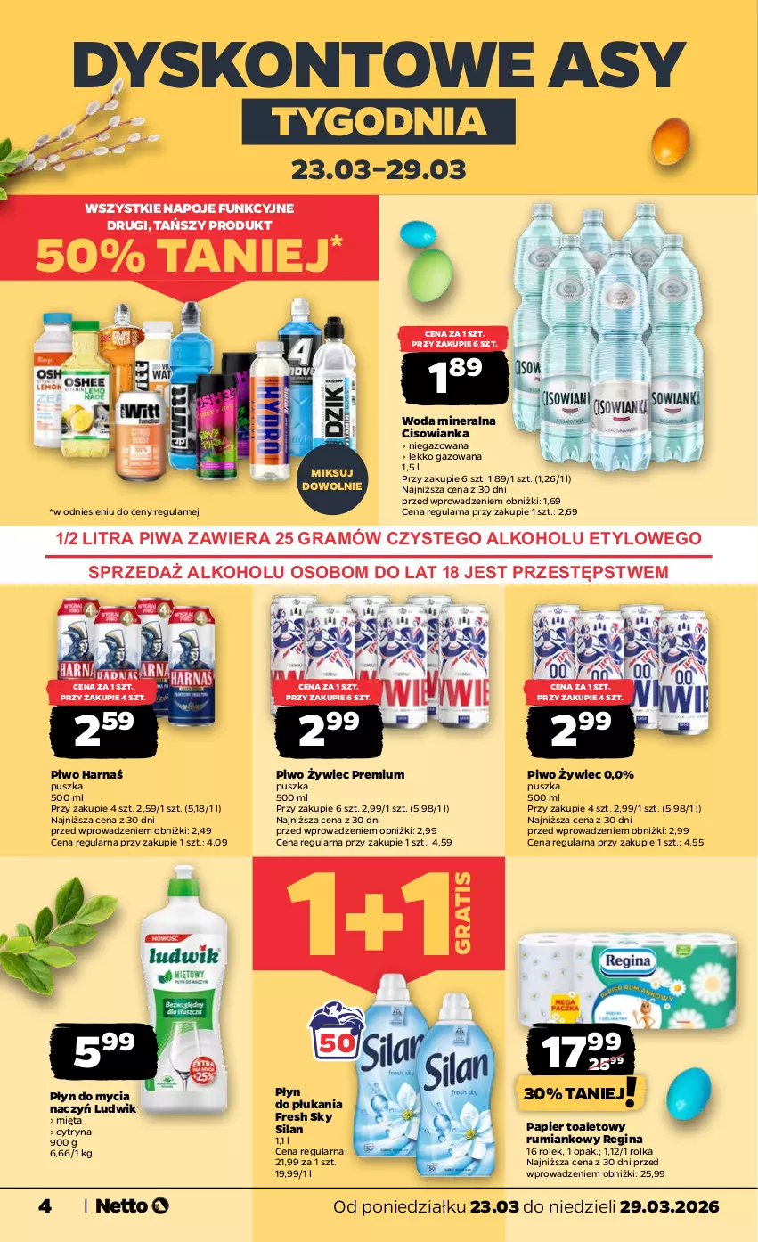 Gazetka promocyjna Netto - Od Poniedziałku - ważna 23.03 do 29.03.2026 - strona 4 - produkty: Cisowianka, Do mycia naczyń, Gin, Gra, Harnaś, Ludwik, Mięta, Napoje, Papier, Papier toaletowy, Piwa, Piwo, Płyn do mycia, Płyn do mycia naczyń, Płyn do płukania, Rum, Silan, Woda, Woda mineralna