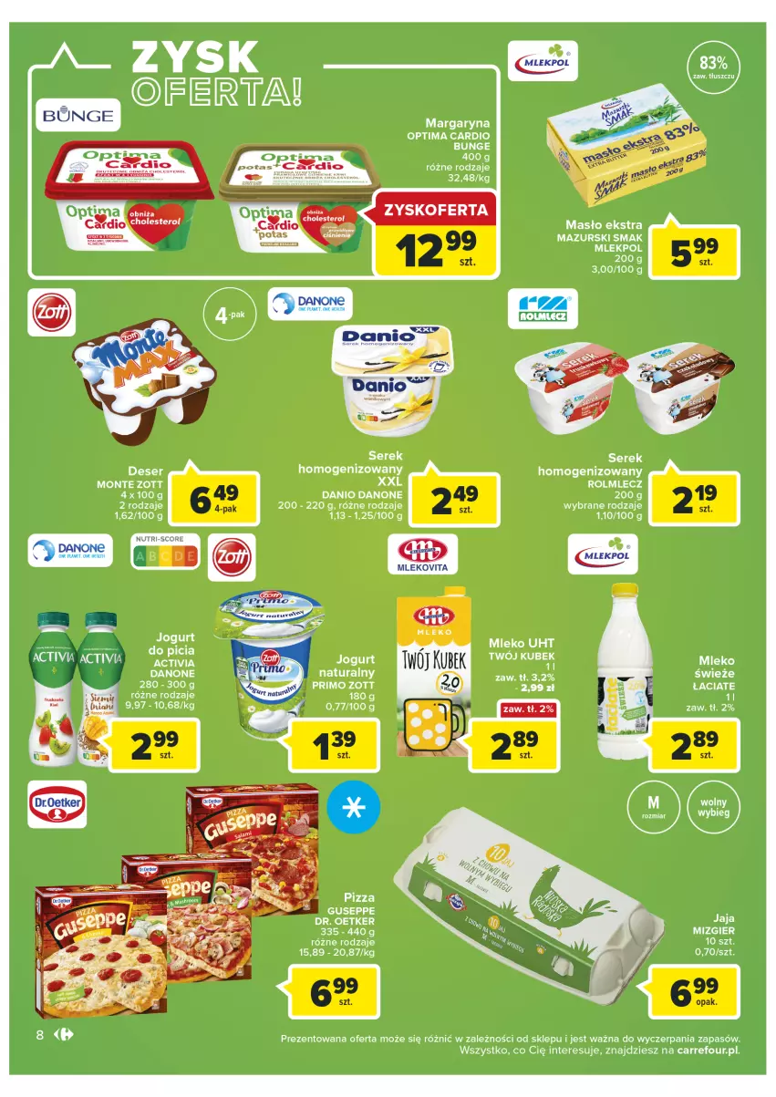 Gazetka promocyjna Carrefour - Gazetka Market - ważna 25.01 do 05.02.2022 - strona 8 - produkty: Activia, Danio, Danone, Dr. Oetker, Jaja, Kubek, LG, Margaryna, Masło, Mleko, Monte, Optima, Optima Cardio, Pizza, Rolmlecz, Ser, Serek, Serek homogenizowany, Zott