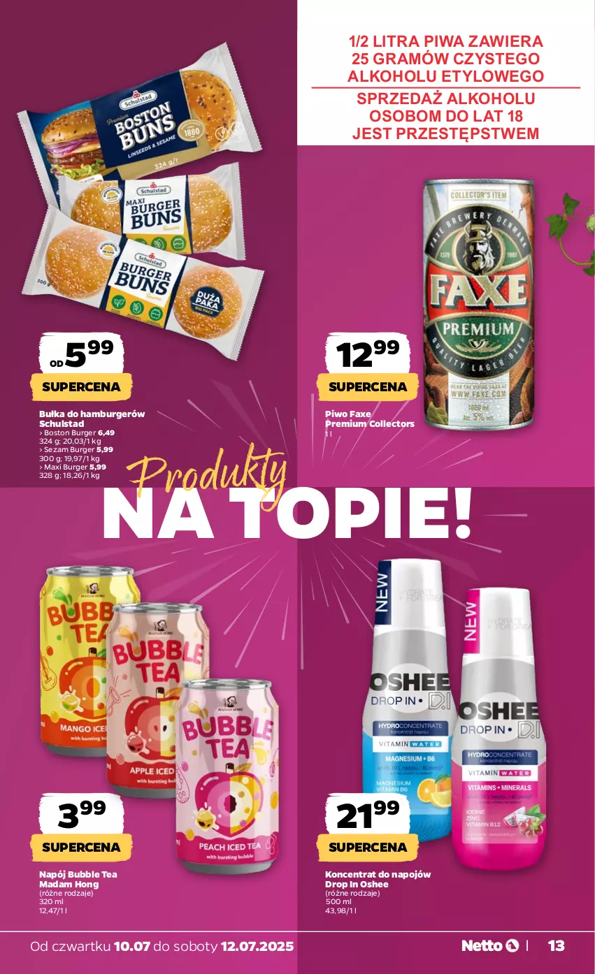 Gazetka promocyjna Netto - Od Czwartku - ważna 10.07 do 12.07.2025 - strona 13 - produkty: Bułka, Burger, Fa, Gra, Hamburger, Napój, Oshee, Piwa, Piwo, Sezam, Top