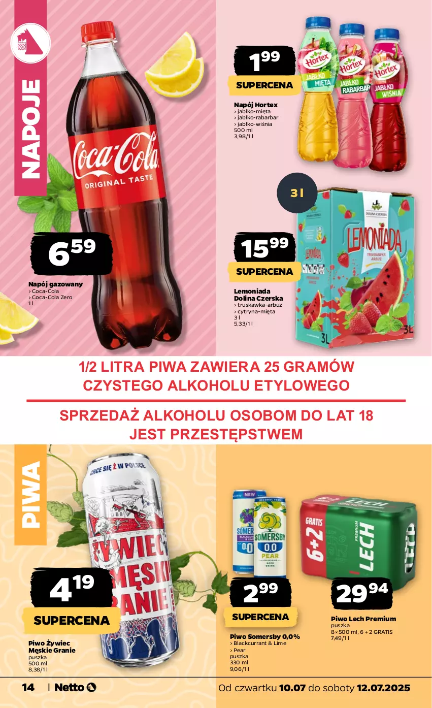 Gazetka promocyjna Netto - Od Czwartku - ważna 10.07 do 12.07.2025 - strona 14 - produkty: Arbuz, Coca-Cola, Gra, Hortex, Lack, Lech Premium, Lemoniada, Mięta, Napój, Napój gazowany, Napoje, Piwa, Piwo, Somersby