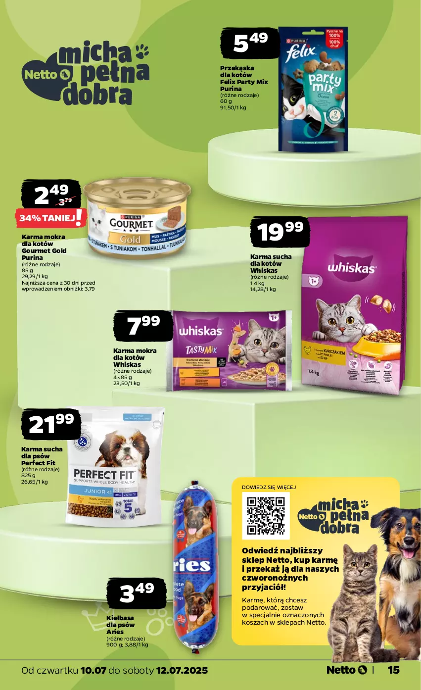 Gazetka promocyjna Netto - Od Czwartku - ważna 10.07 do 12.07.2025 - strona 15 - produkty: Felix, Gourmet Gold, JBL, Karma mokra dla kotów, Kiełbasa, Kosz, Noż, Przekąska dla kotów, Pur, Purina, Whiskas