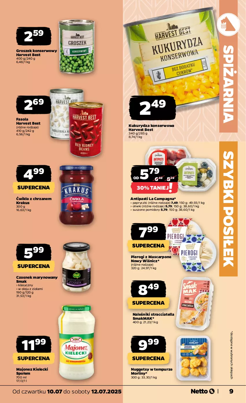 Gazetka promocyjna Netto - Od Czwartku - ważna 10.07 do 12.07.2025 - strona 9 - produkty: Chrzan, Czosnek, Fa, Fasola, Groszek, Krakus, Kukurydza, Kukurydza konserwowa, Majonez, Mascarpone, Morliny, Naleśniki, Olej, Oliwki, Pierogi, Pomidory, Pur, Ser, Suszone pomidory