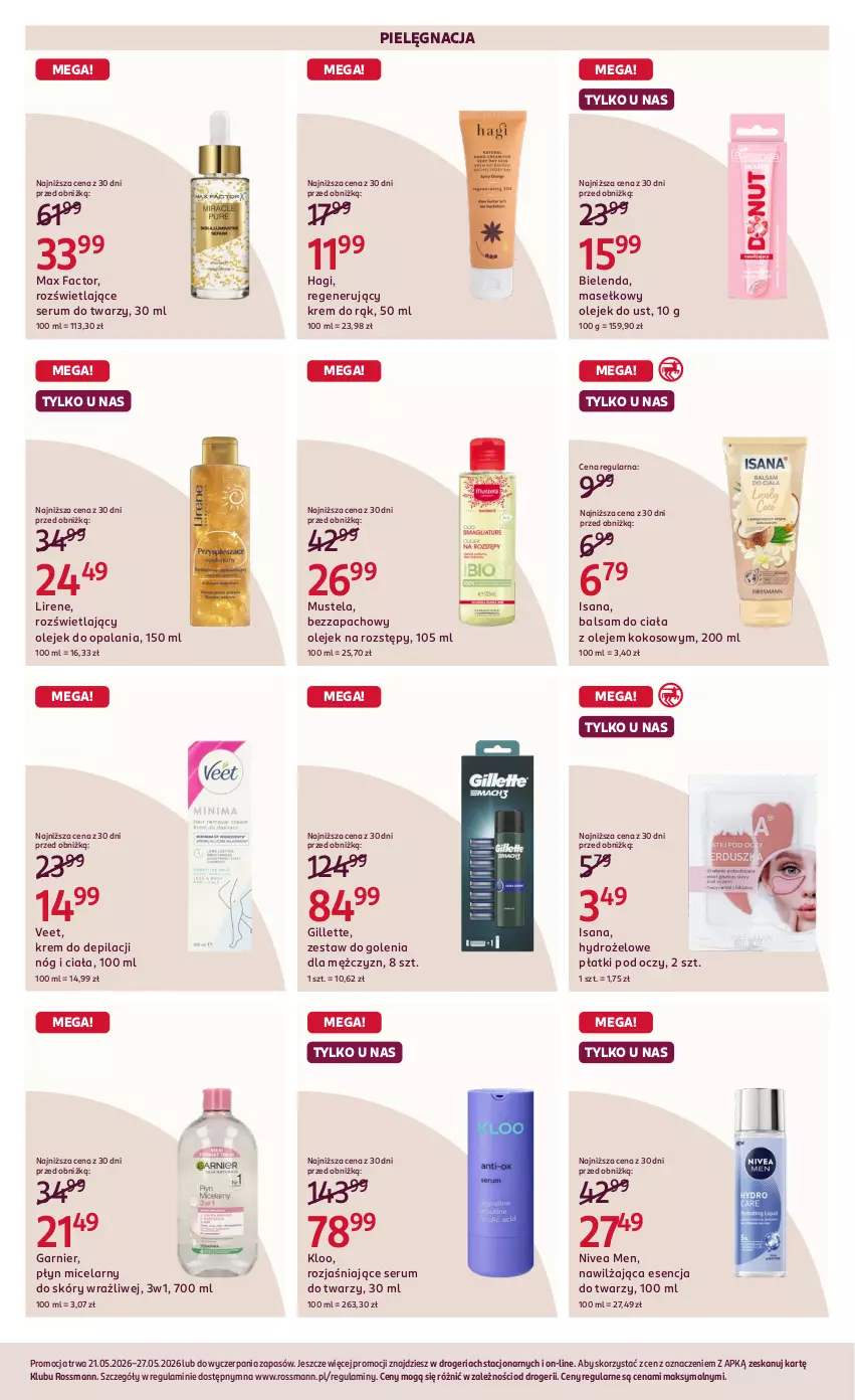 Gazetka promocyjna Rossmann - Gazetka promocyjna Rossmanna - ważna 21.05 do 27.05.2026 - strona 3 - produkty: Balsam do ciała, Bielenda, Fa, Garnier, Gillette, Hydrożelowe płatki pod oczy, Isana, Kokos, Krem do depilacji, Krem do rąk, Lirene, Max Factor, Mus, Mustela, Nivea, Nivea Men, Olej, Płyn micelarny, Rum, Ser, Serum, Serum do twarzy, Veet, Zestaw do golenia