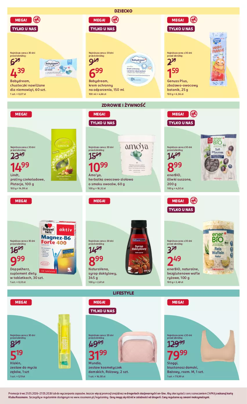 Gazetka promocyjna Rossmann - Gazetka promocyjna Rossmanna - ważna 21.05 do 27.05.2026 - strona 8 - produkty: Babydream, Baton, Biustonosz, Chusteczki, Doppelherz, Enerbio, Genuss Plus, Lindt, Praliny, Ryż, Suplement diety, Syrop, Tablet, Tonik, Wafle, Zdrowie