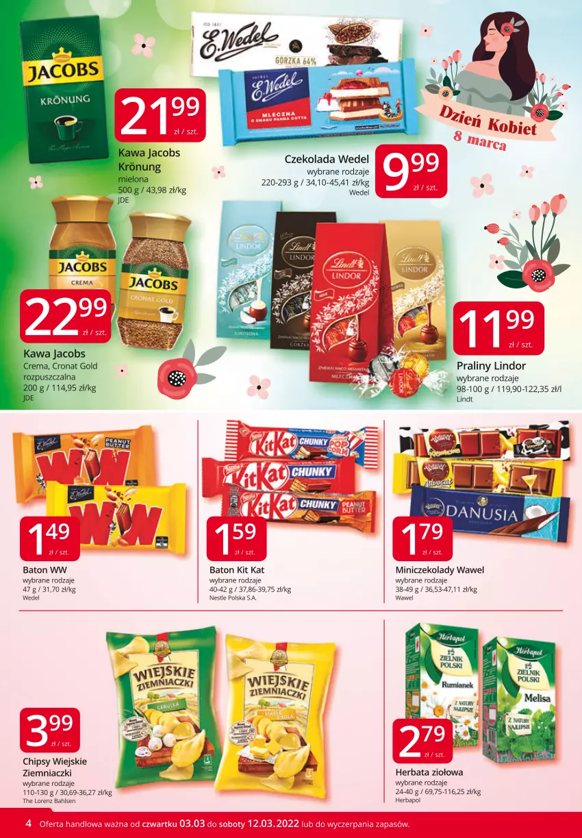 Gazetka promocyjna Market Vita - Gazetka promocyjna – Marketvita - ważna 03.03 do 12.03.2022 - strona 4 - produkty: Baton, Chipsy, Czekolada, Herbapol, Herbata, Jacobs, Kawa, Kit Kat, Lindor, Lindt, Lorenz, Praliny, Wawel