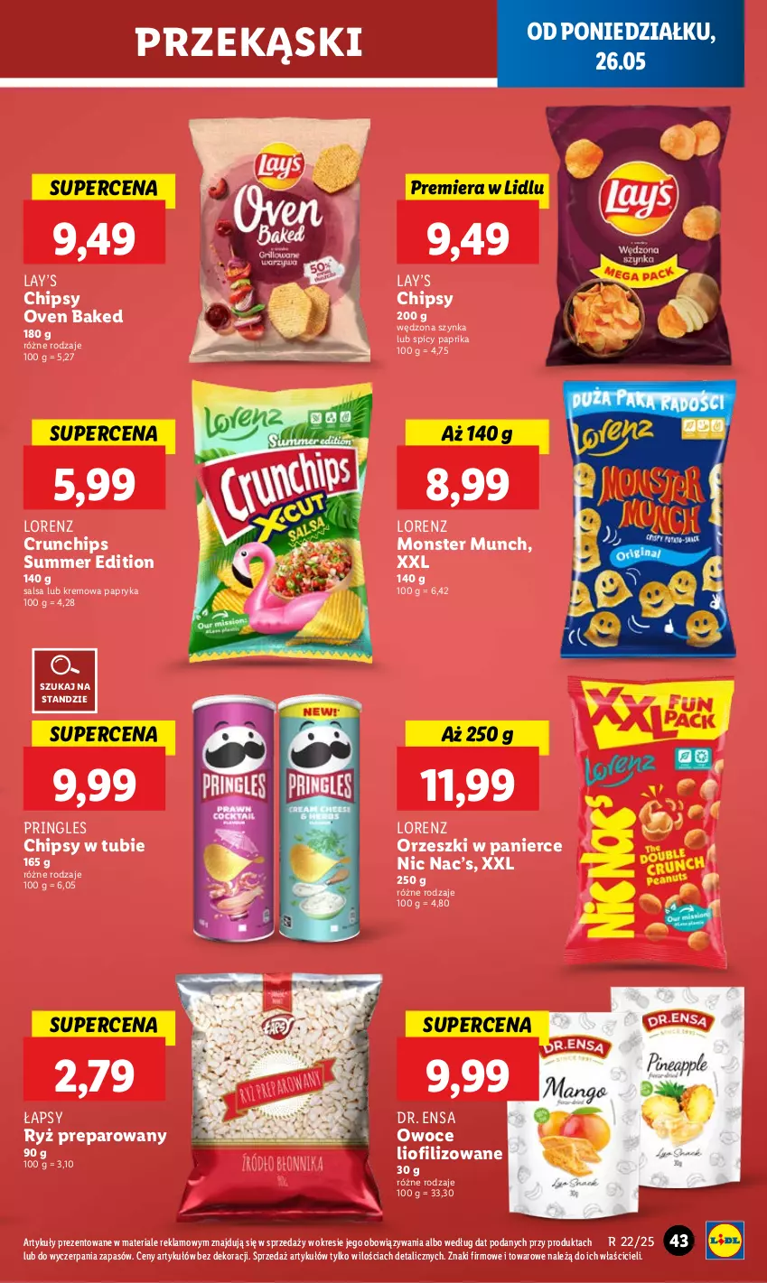 Gazetka promocyjna Lidl - GAZETKA - ważna 26.05 do 28.05.2025 - strona 49 - produkty: Chipsy, Crunchips, Lay’s, Lorenz, Monster Munch, Orzeszki, Owoce, Papryka, Pringles, Ryż, Salsa, Szynka