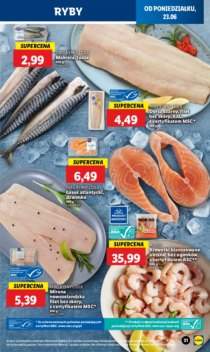 Gazetka promocyjna Lidl - GAZETKA - ważna 23.06 do 25.06.2025 - strona 33 - produkty: Dorsz, Krewetki, Miruna, Tusz