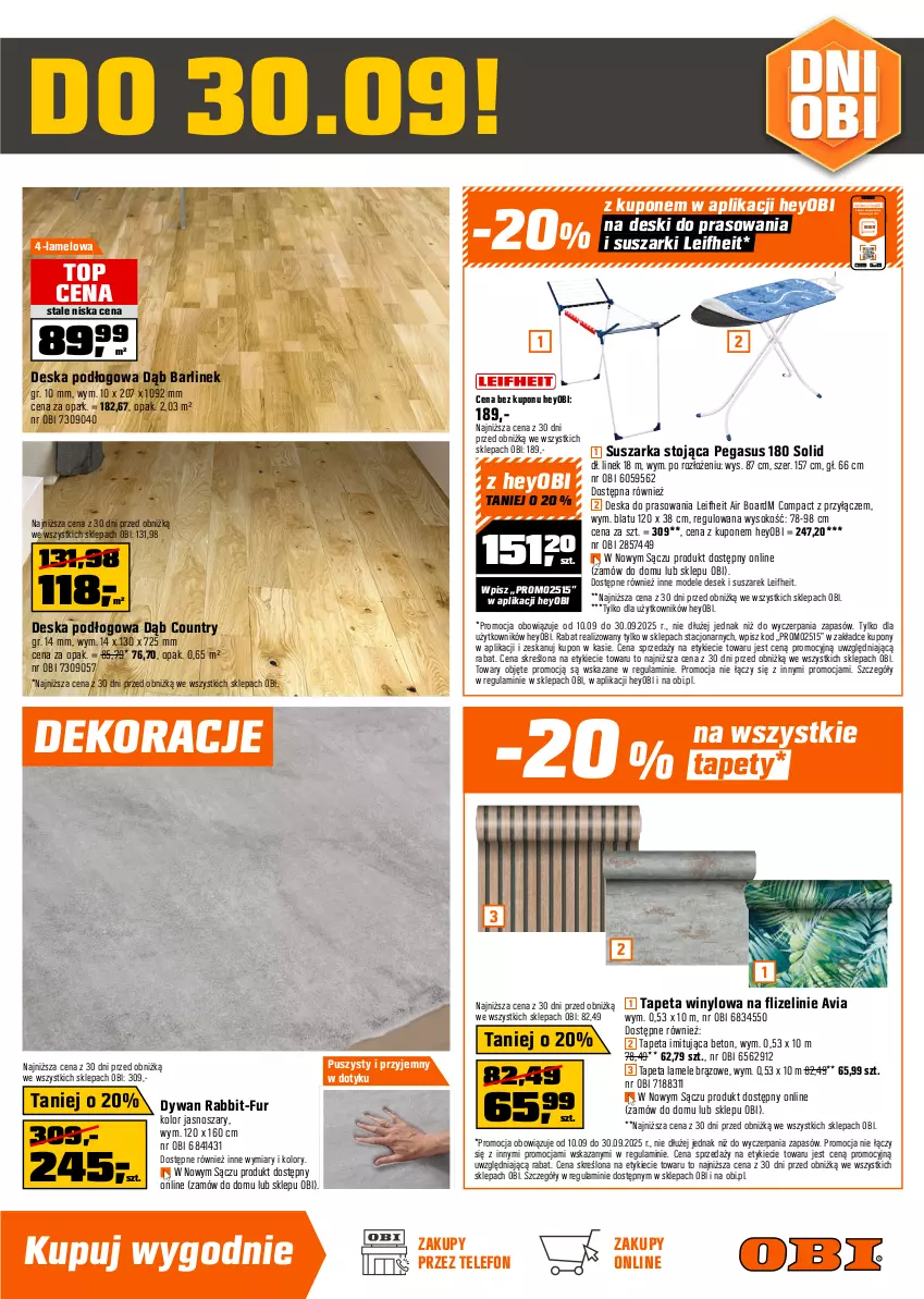 Gazetka promocyjna Obi - Gazetka OBI - ważna 10.09 do 30.09.2025 - strona 9 - produkty: Asus, Deska do prasowania, Deska podłogowa, Dywan, Podkład, Por, Sok, Suszarka, Suszarki, Tapeta, Tapety, Telefon, Top