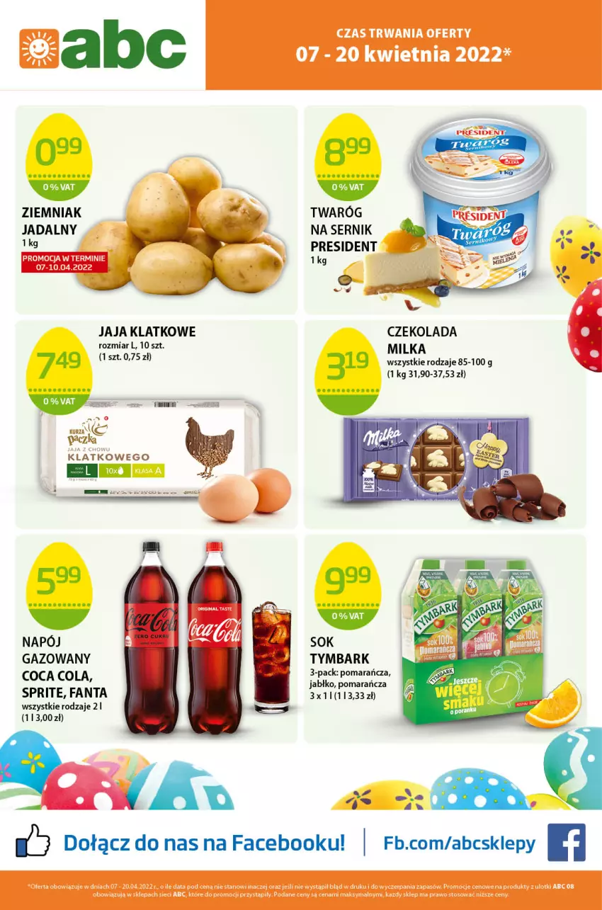 Gazetka promocyjna ABC - Gazetka - ważna 07.04 do 20.04.2022 - strona 1 - produkty: Czekolada, Fa, Fanta, Jaja, Milka, O nas, Ser, Sok, Sprite, Twaróg, Tymbark