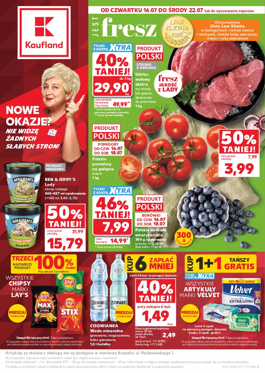 Gazetka promocyjna Kaufland - Gazetka tygodnia - ważna 16.07 do 22.07.2026 - strona 1 - produkty: Chipsy, Cisowianka, Gra, Kosz, Laur, Lay’s, Lody, Mięso, Owoce, Piec, Pieczywo, Pomidory, Por, Sok, Szal, Udziec wołowy, Velvet, Waga, Warzywa, Woda, Woda mineralna