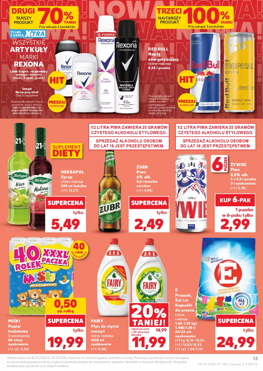 Gazetka promocyjna Kaufland - Gazetka tygodnia - ważna 16.07 do 22.07.2026 - strona 13 - produkty: Do mycia naczyń, Fa, Fairy, Gra, Herbapol, Kapsułki do prania, Napój, Papier, Papier toaletowy, Piwa, Piwo, Płyn do mycia, Płyn do mycia naczyń, Por, Red Bull, Rexona, Suplement diety, Syrop, Waga
