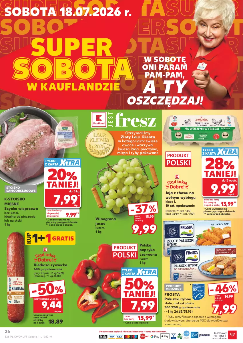 Gazetka promocyjna Kaufland - Gazetka tygodnia - ważna 16.07 do 22.07.2026 - strona 26 - produkty: Frosta, Gra, Jaja, Kiełbasa, Laur, Mięso, Owoce, Paluszki rybne, Papryka, Papryka czerwona, Piec, Pieczywo, Stek, Szynka, Szynka wieprzowa, Warzywa, Wino, Winogrona