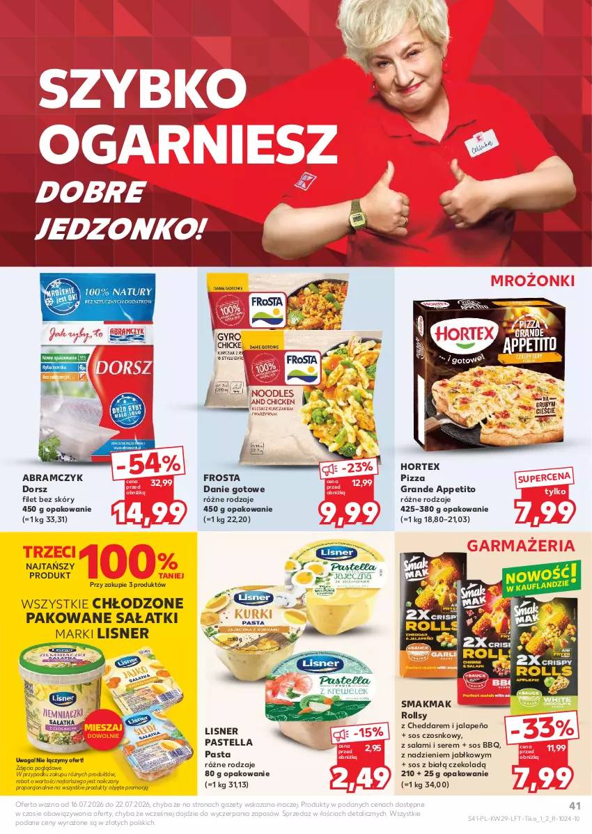 Gazetka promocyjna Kaufland - Gazetka tygodnia - ważna 16.07 do 22.07.2026 - strona 41 - produkty: Cheddar, Danie gotowe, Dorsz, Frosta, Gra, Hortex, Lisner, Pastella, Pizza, Por, Salami, Sałat, Ser, Sos, Sos czosnkowy, Waga