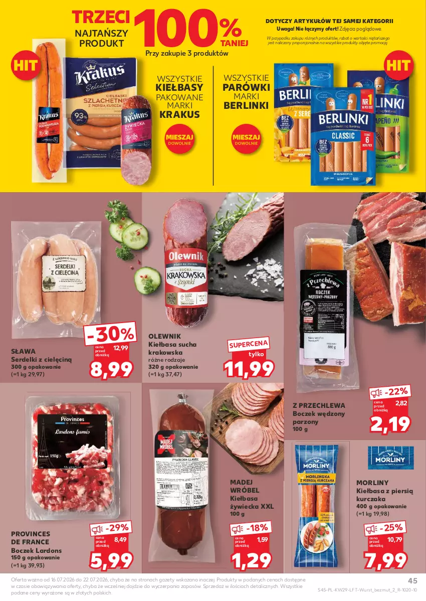 Gazetka promocyjna Kaufland - Gazetka tygodnia - ważna 16.07 do 22.07.2026 - strona 45 - produkty: Berlinki, Boczek, Kiełbasa, Krakus, Kurczak, Madej Wróbel, Morliny, Olewnik, Parówki, Por, Ser, Serdelki, Waga