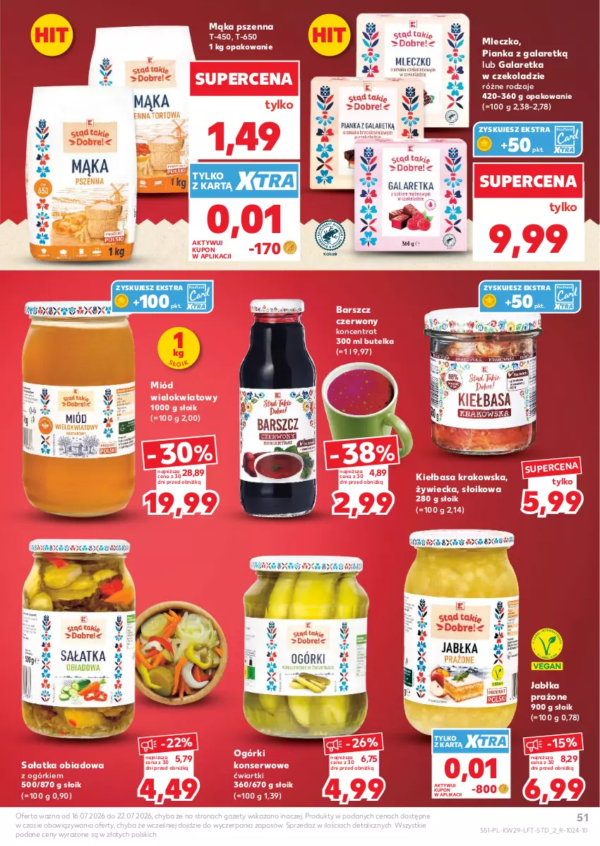 Gazetka promocyjna Kaufland - Gazetka tygodnia - ważna 16.07 do 22.07.2026 - strona 51 - produkty: Gala, Galaretka, Jabłka, Jabłka prażone, Kiełbasa, Kiełbasa krakowska, Mąka, Mąka pszenna, Miód, Mleczko, Ogórki konserwowe, Sałat, Sałatka, Ser
