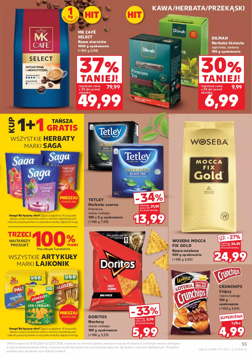Gazetka promocyjna Kaufland - Gazetka tygodnia - ważna 16.07 do 22.07.2026 - strona 55 - produkty: Chipsy, Crunchips, Dilmah, Gra, Herbata, Herbata czarna, Kawa, Kawa mielona, Kawa ziarnista, Lajkonik, Mocca Fix Gold, Por, Saga, Tetley, Waga, Woseba