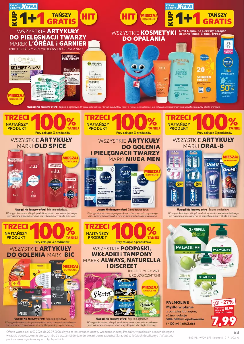 Gazetka promocyjna Kaufland - Gazetka tygodnia - ważna 16.07 do 22.07.2026 - strona 63 - produkty: Always, BIC, Discreet, Garnier, Gra, Kosmetyki do pielęgnacji, L’Oréal, Mydło, Mydło w płynie, Naturell, Naturella, Nivea, Nivea Men, Old Spice, Palmolive, Podpaski, Por, Tampony, Waga, Wkładki