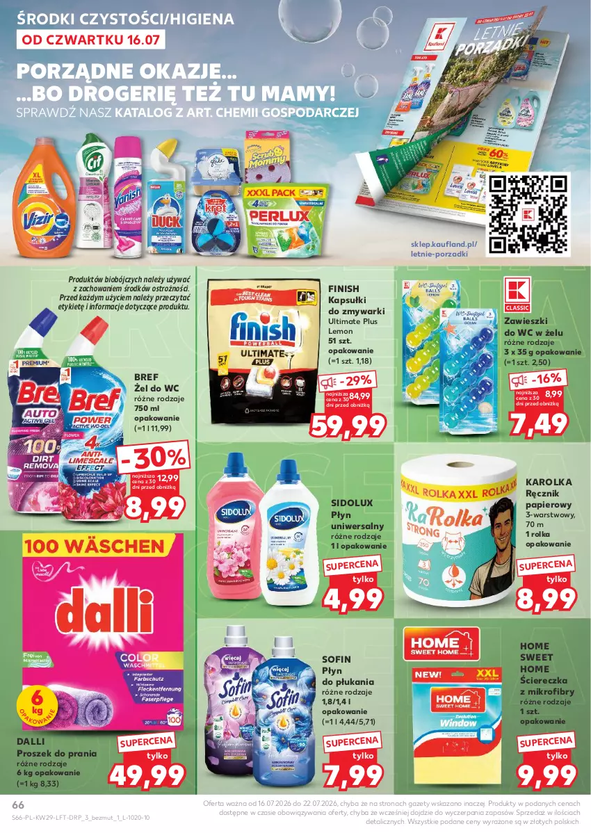 Gazetka promocyjna Kaufland - Gazetka tygodnia - ważna 16.07 do 22.07.2026 - strona 66 - produkty: Bref, Finish, Papier, Płyn do płukania, Por, Proszek do prania, Ręcznik, Sidolux, Zawieszki, Zmywarki