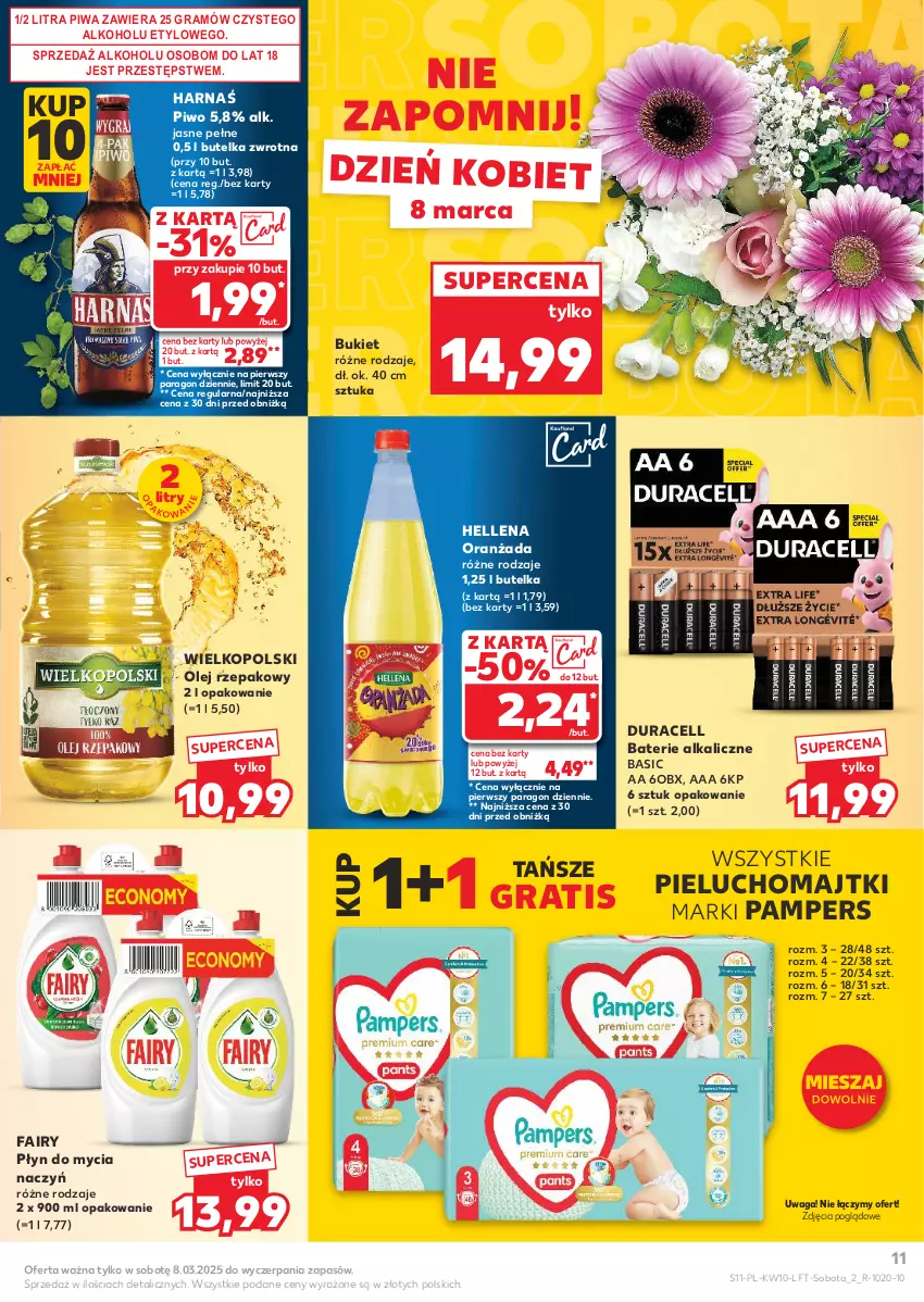 Gazetka promocyjna Kaufland - Gazetka tygodnia - ważna 06.03 do 12.03.2025 - strona 11 - produkty: Baterie alkaliczne, Bukiet, Do mycia naczyń, Duracell, Fa, Fairy, Gra, Harnaś, Hellena, Majtki, Olej, Olej rzepakowy, Oranżada, Pampers, Pieluchomajtki, Piwa, Piwo, Płyn do mycia, Płyn do mycia naczyń, Waga