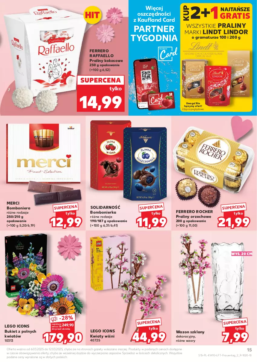 Gazetka promocyjna Kaufland - Gazetka tygodnia - ważna 06.03 do 12.03.2025 - strona 15 - produkty: Bomboniera, Bukiet, Fa, Ferrero, Ferrero Rocher, Gra, Kokos, LEGO, Lindor, Lindt, Merci, Praliny, Raffaello, Rama, Waga, Wazon