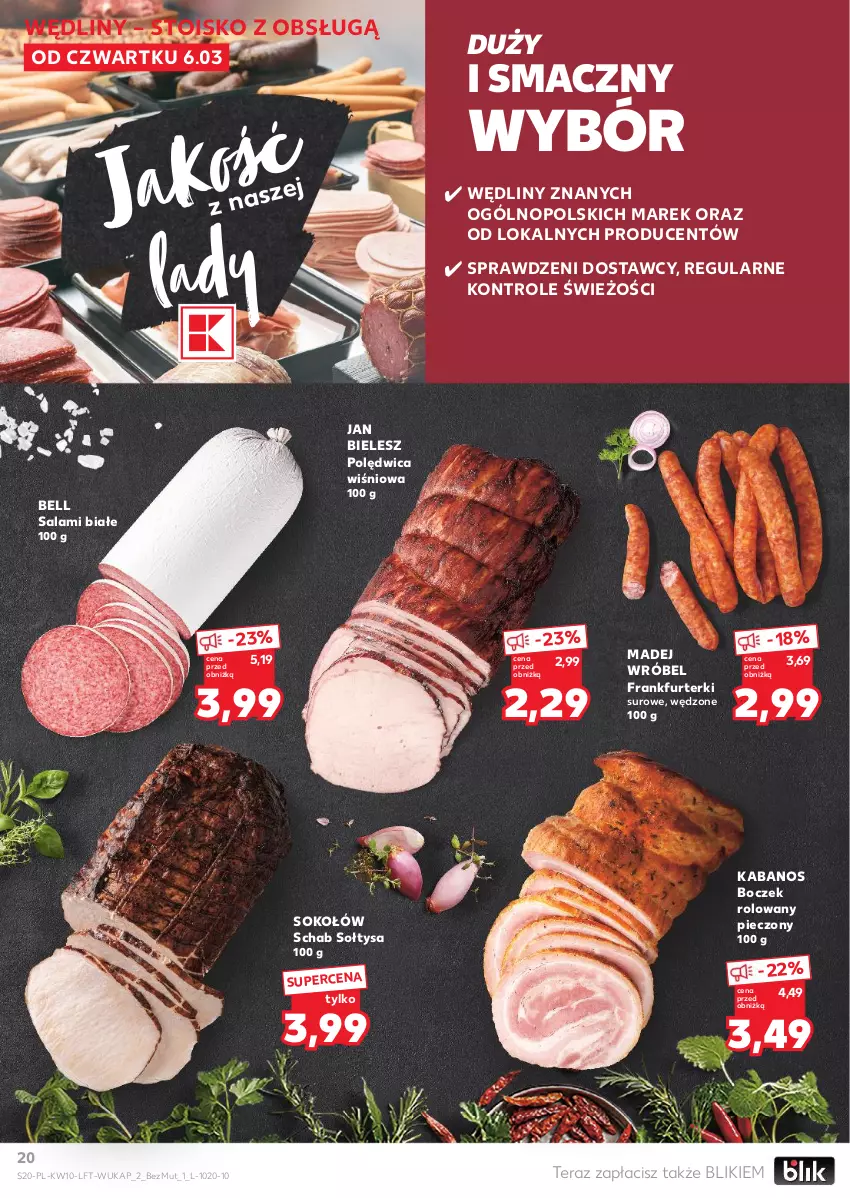 Gazetka promocyjna Kaufland - Gazetka tygodnia - ważna 06.03 do 12.03.2025 - strona 20 - produkty: Bell, Boczek, Frankfurterki, Kabanos, Madej Wróbel, Piec, Polędwica, Salami, Sok, Sokołów, Tera