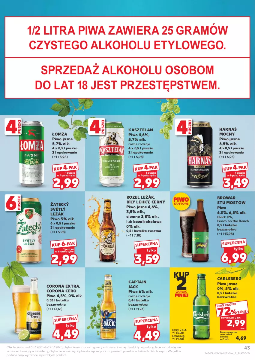 Gazetka promocyjna Kaufland - Gazetka tygodnia - ważna 06.03 do 12.03.2025 - strona 43 - produkty: Captain Jack, Carlsberg, Corona Extra, Gra, Harnaś, Kasztelan, Kozel, Lack, Piwa, Piwo, Piwo jasne