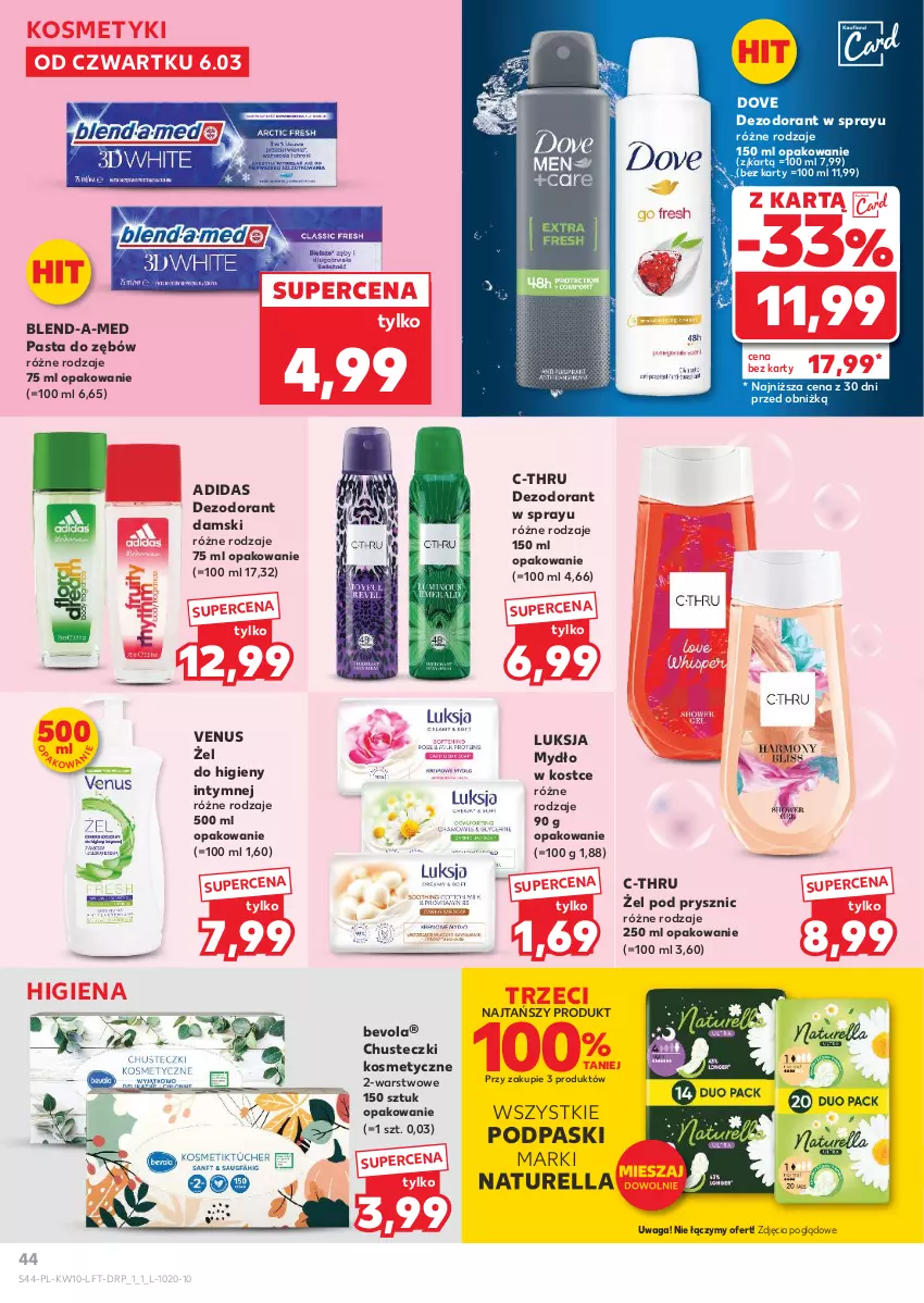 Gazetka promocyjna Kaufland - Gazetka tygodnia - ważna 06.03 do 12.03.2025 - strona 44 - produkty: Adidas, Blend-a-Med, C-Thru, Chusteczki, Chusteczki kosmetyczne, Dezodorant, Dove, Luksja, Mydło, Naturell, Naturella, Pasta do zębów, Podpaski, Venus, Waga