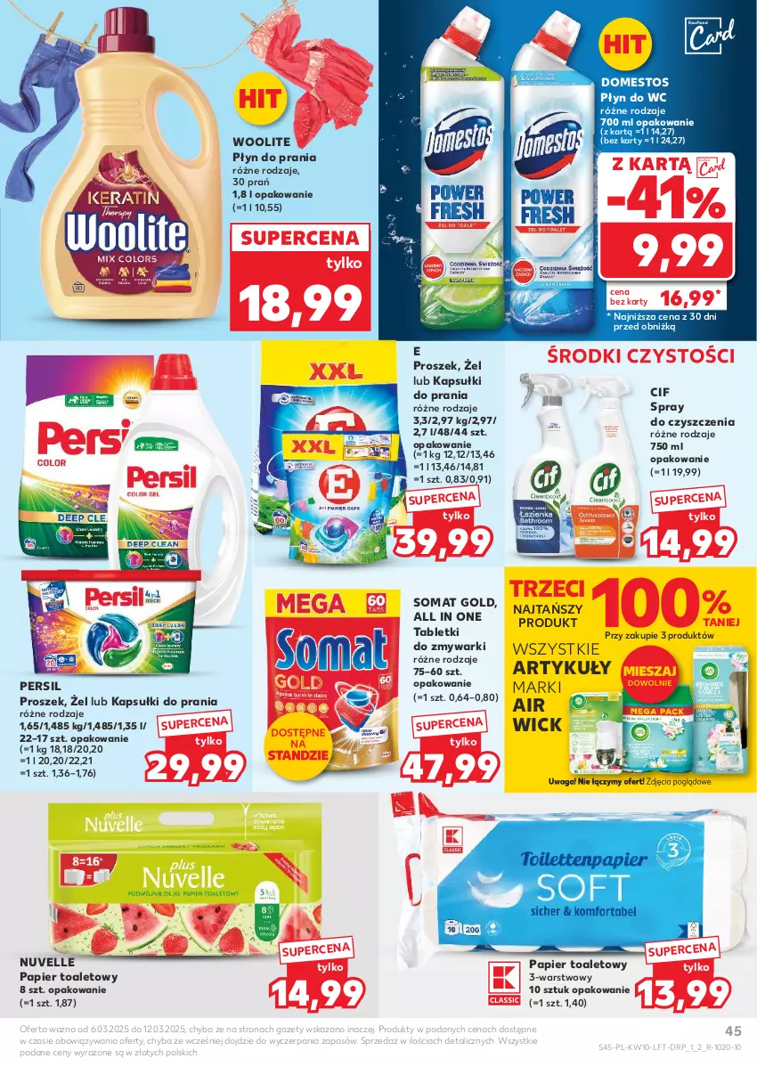 Gazetka promocyjna Kaufland - Gazetka tygodnia - ważna 06.03 do 12.03.2025 - strona 45 - produkty: Air Wick, Cif, Domestos, Kapsułki do prania, Papier, Papier toaletowy, Persil, Płyn do prania, Płyn do wc, Somat, Somat gold, Spray do czyszczenia, Tablet, Tabletki do zmywarki, Waga, Woolite, Zmywarki